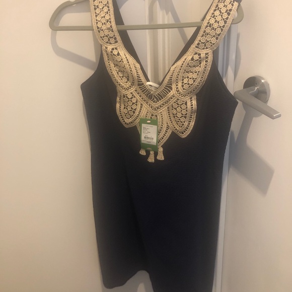 Navy Dress with gold collar detail - Picture 2 of 4